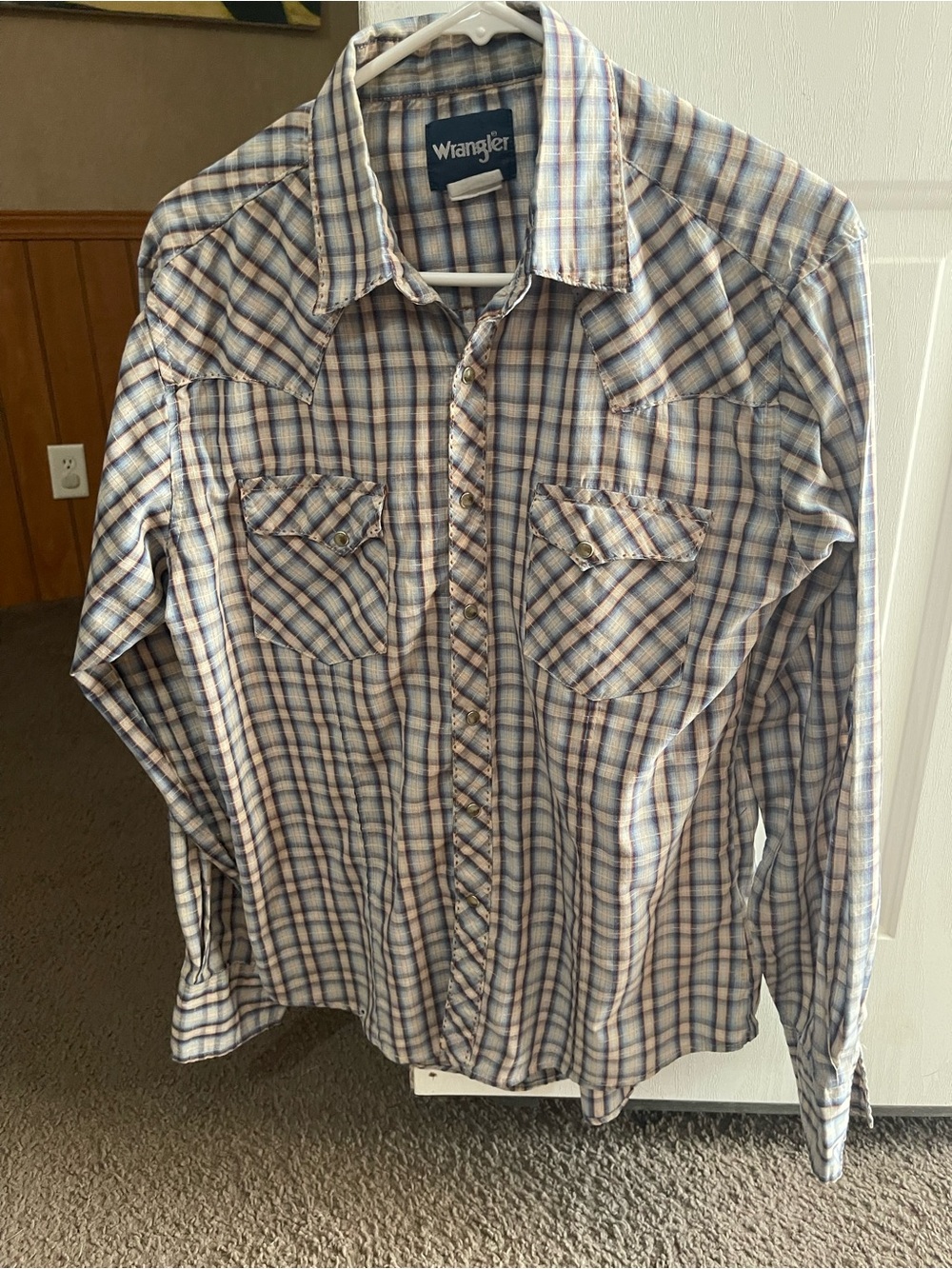 Wrangler Plaid Button-Front Western Shirt in Blue and Cream